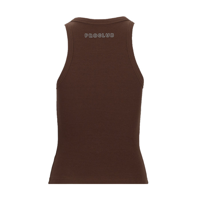 Women’s chocolate brown ribbed tank top, back shows PRO CLUB logo