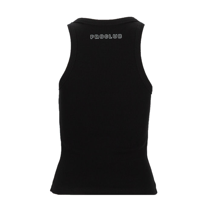 Black ribbed tank top, back view with PROCLUB logo
