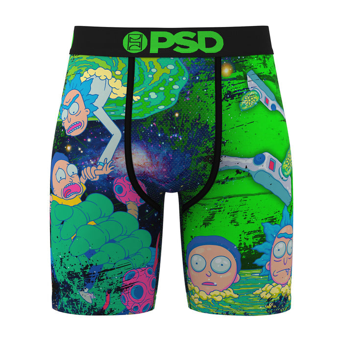 Multicolor graphic boxer briefs with black waistband; green space portal artwork