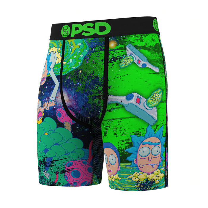PSD-branded graphic boxer briefs, black waistband and neon green portal print