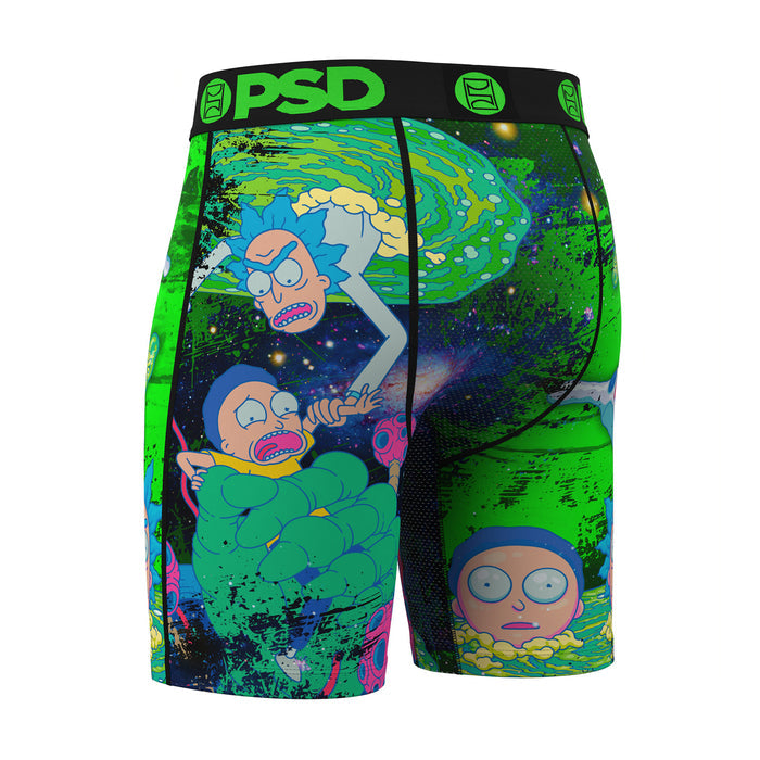 Front view graphic boxer briefs with black fly seam; neon green space portal print