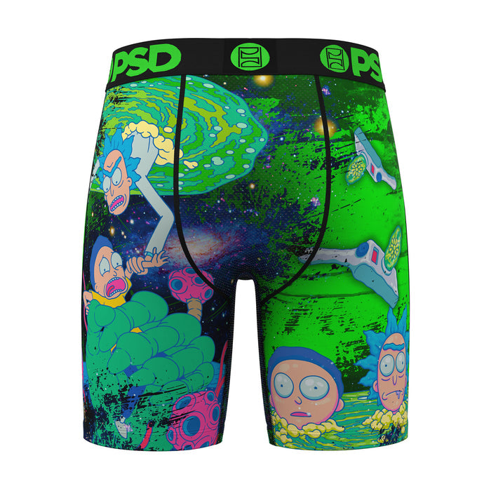 Graphic boxer briefs with cartoon character print on neon green background; black waistband