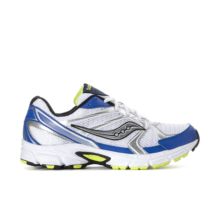 Men's white and blue running shoes with neon green accents and lace-up design