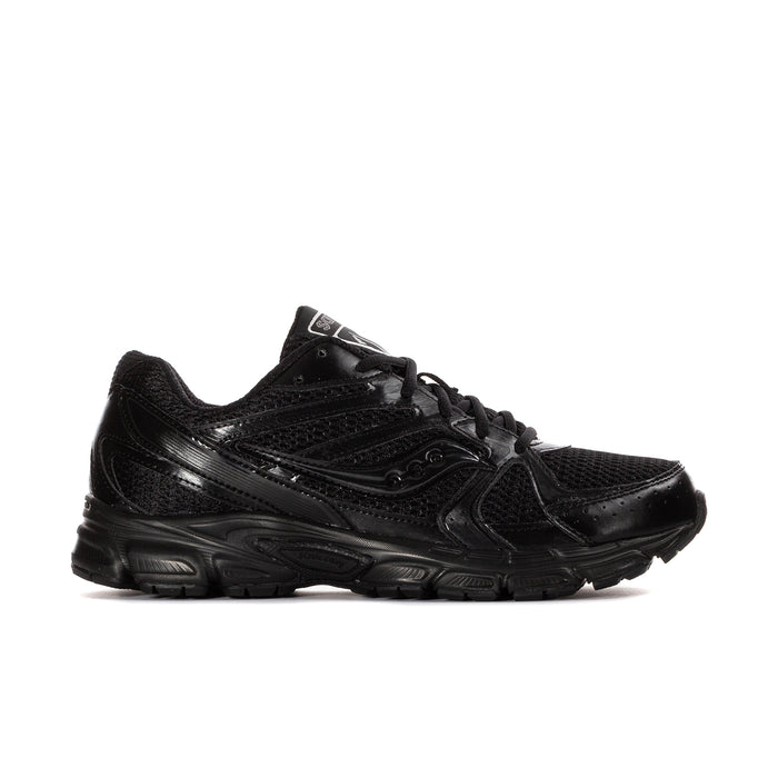 Men's black Saucony running shoes, angled side view with cushioned midsole