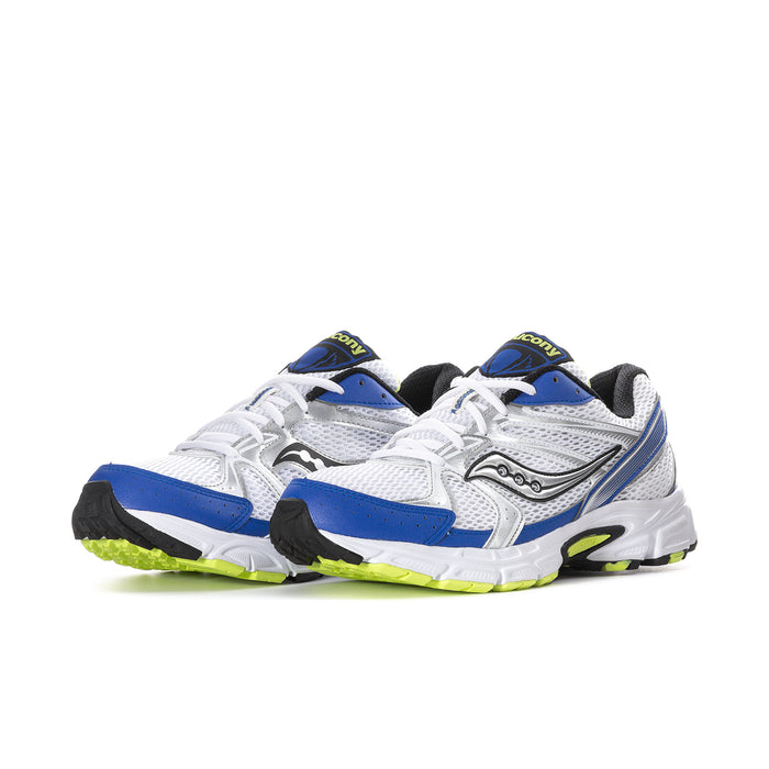 Men's lace-up running shoes in white with blue panels and neon green outsole