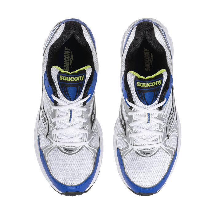 Men's white running shoes showing interior lining and laces, with blue details