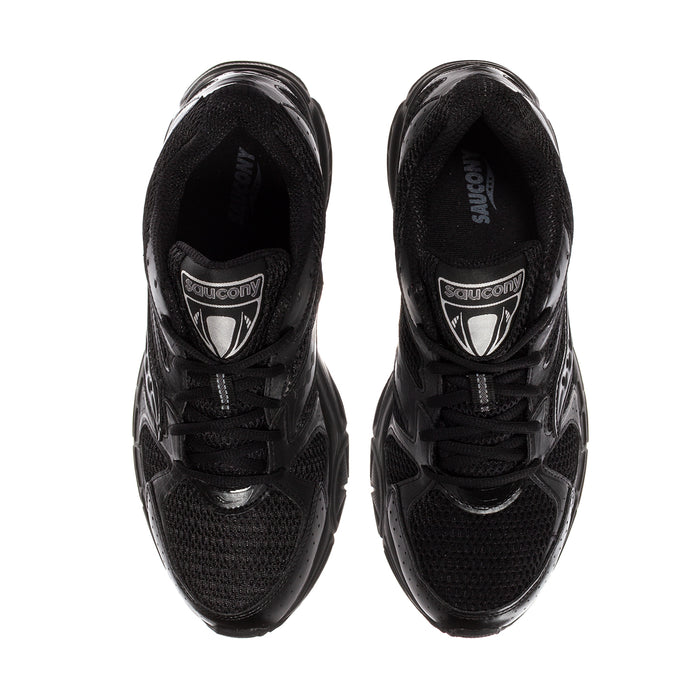 Men's black Saucony running shoes, rear view with lace-ups and padded collar