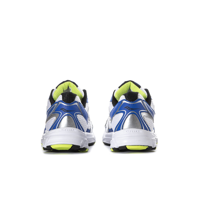 Men's running shoes viewed from heel with blue overlays and neon green trim