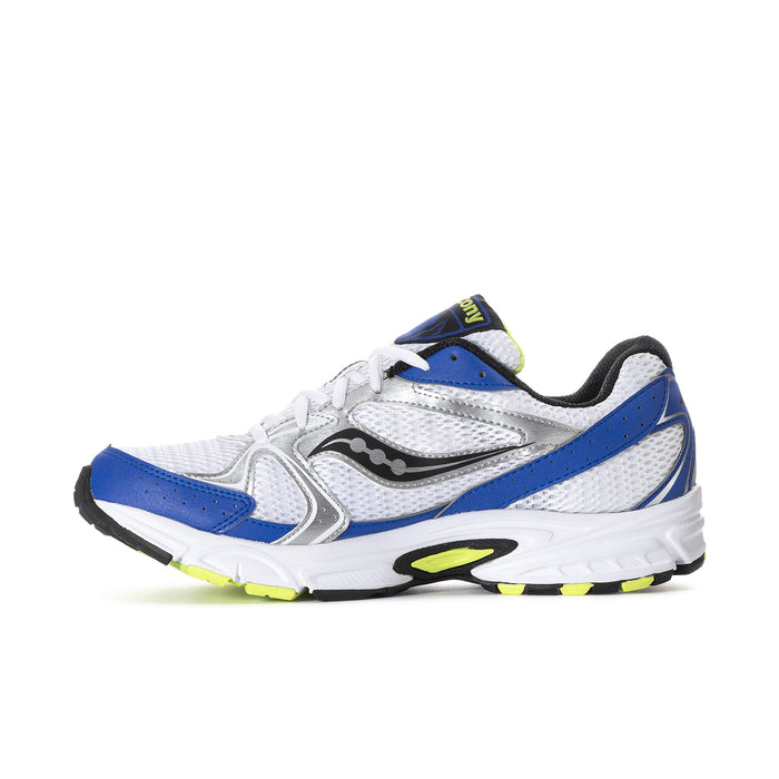 Men's white and blue running shoes with lace-up front and neon green sole accents
