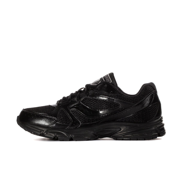 Men's black Saucony running shoes, side view with textured overlays and lace-up upper