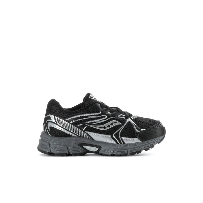 Black toddler sneakers with lace-up top and white logo-style side accents