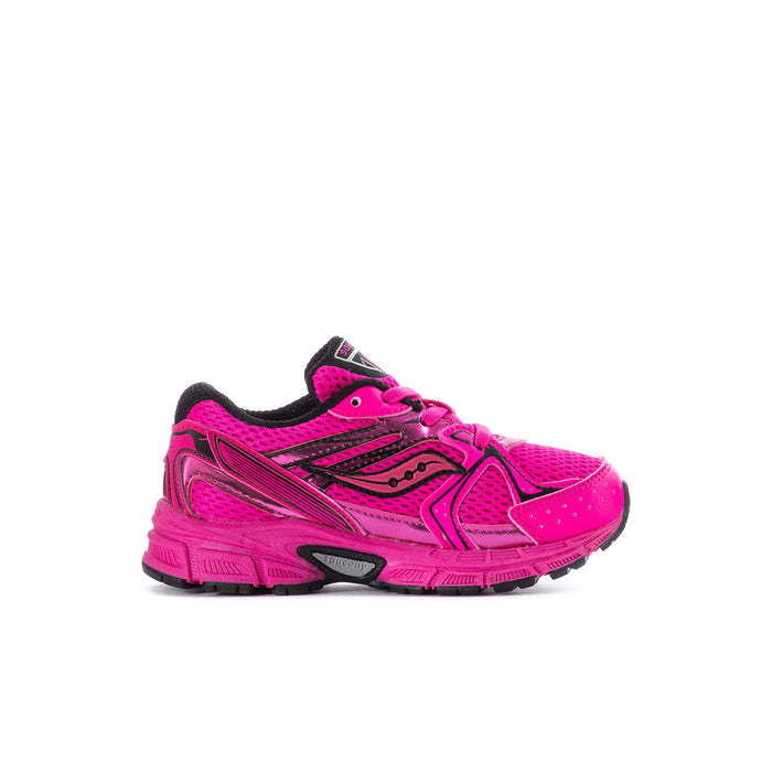 Toddler pink athletic sneakers with black details and lace-up front