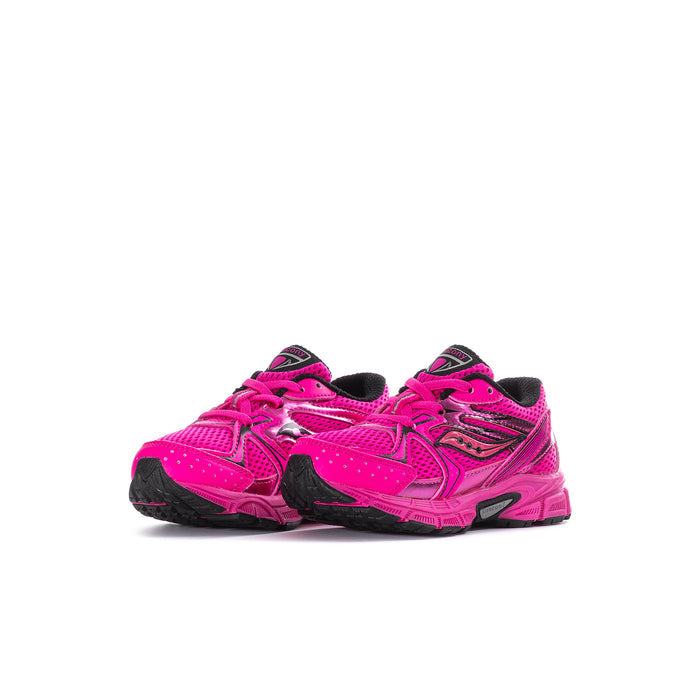 Toddler pink athletic sneakers, side view with rugged tread sole