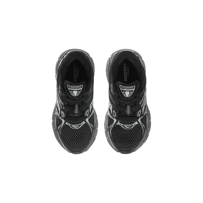 Black toddler sneakers front view with hook-and-loop strap and white logo print