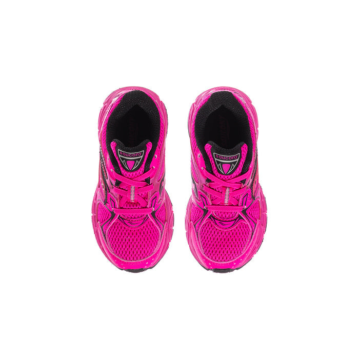 Toddler pink lace-up sneakers with black lining, front view