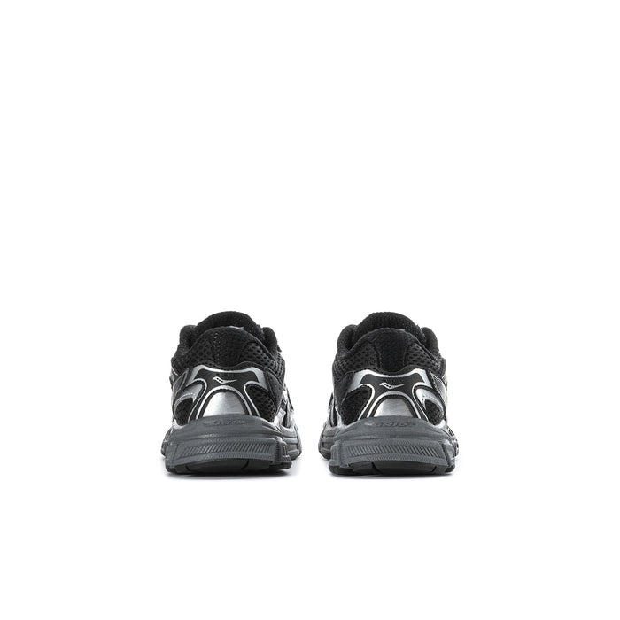 Black toddler sneakers back view with cushioned heel and gray outsole