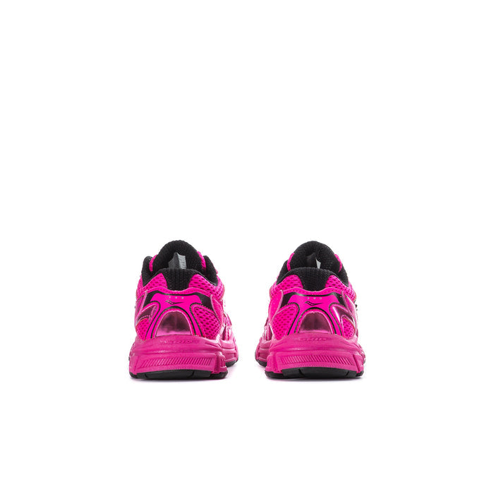 Toddler pink sneakers, rear view with black heel and strap details