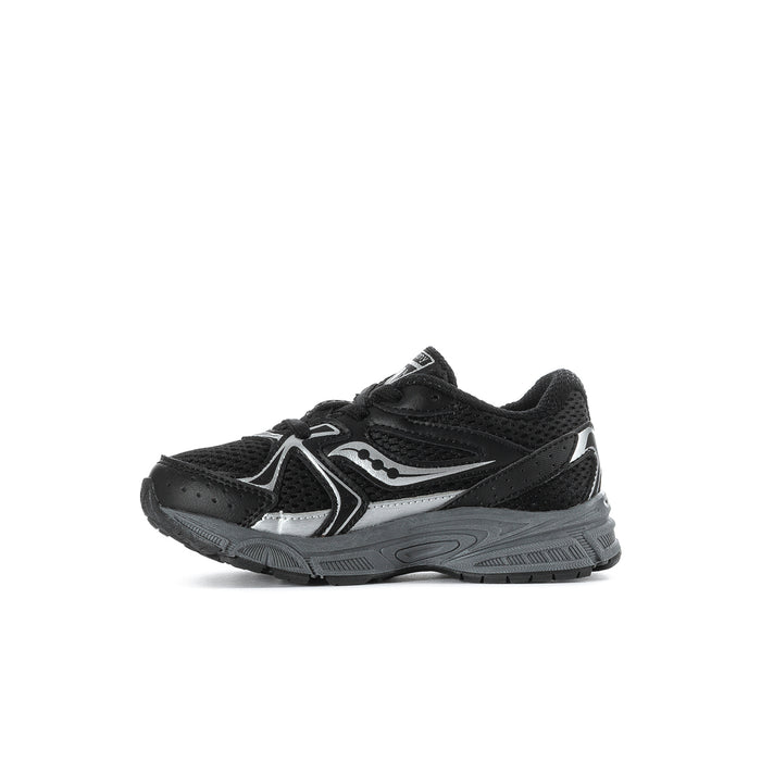 Black toddler sneakers side view with lace-up closure and white swoosh-style detail