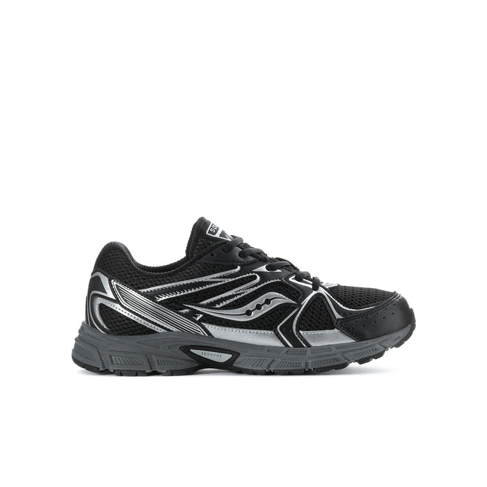 Youth black lace-up running shoe with silver Saucony logo detail