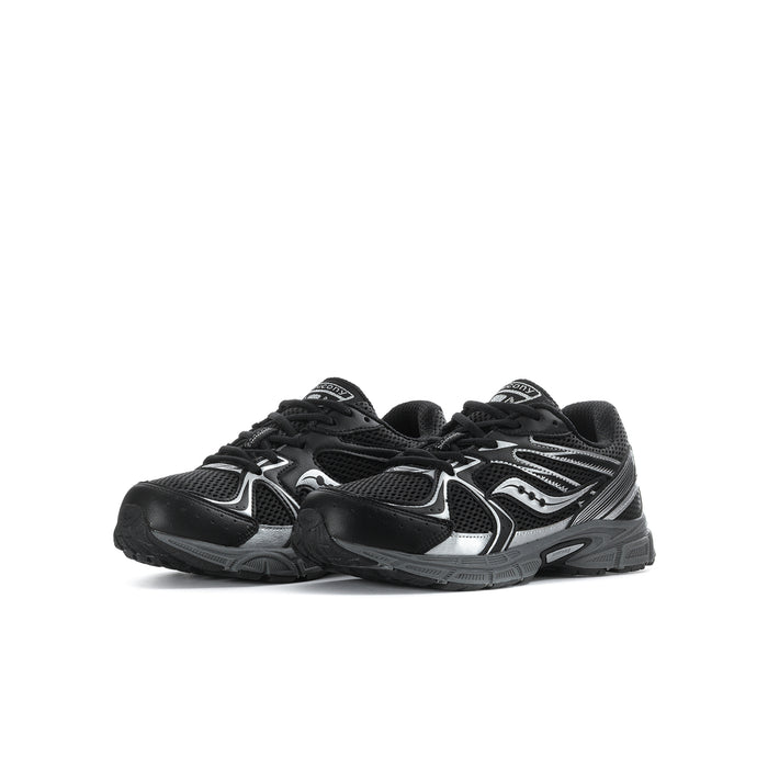 Youth black lace-up running shoes with silver S-shaped side logo