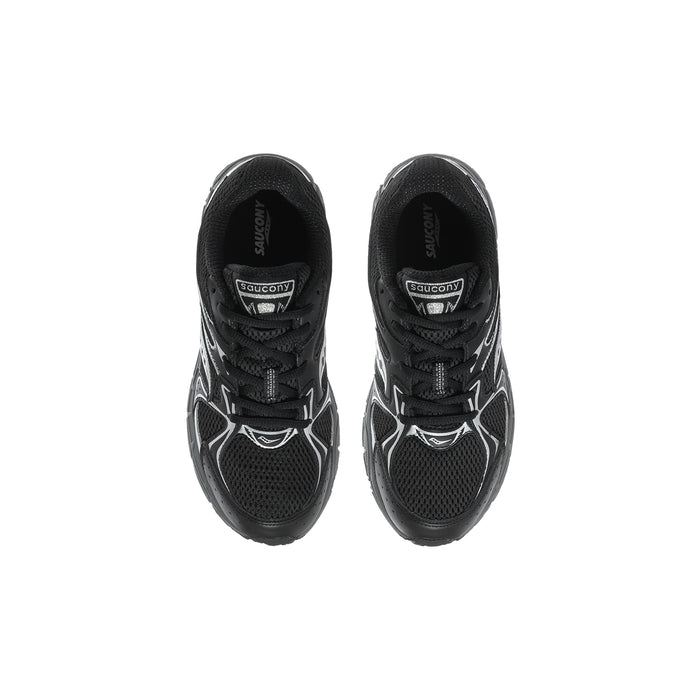 Youth black lace-up running shoes, showing tongue with Saucony branding