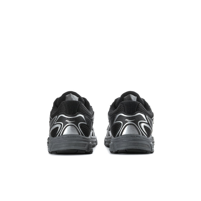 Youth black lace-up running shoes with gray heel panel and silver logo
