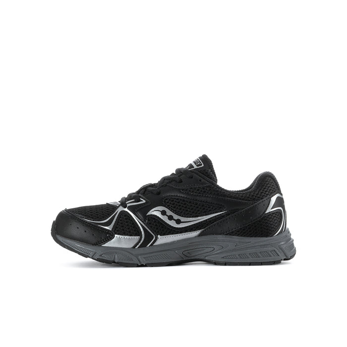 Youth black lace-up running shoe, side profile with silver trim and S-logo