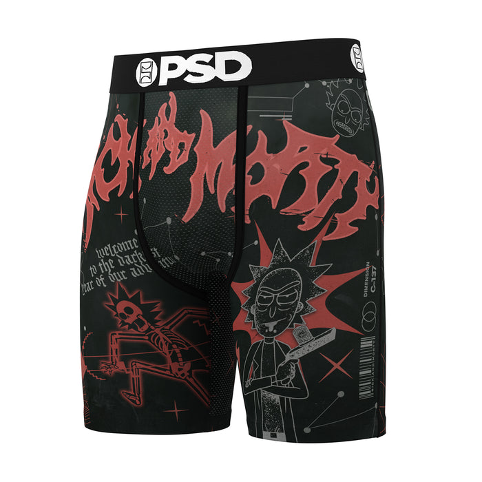 Men's black boxer shorts with red and gray character graphic, PSD logo waistband