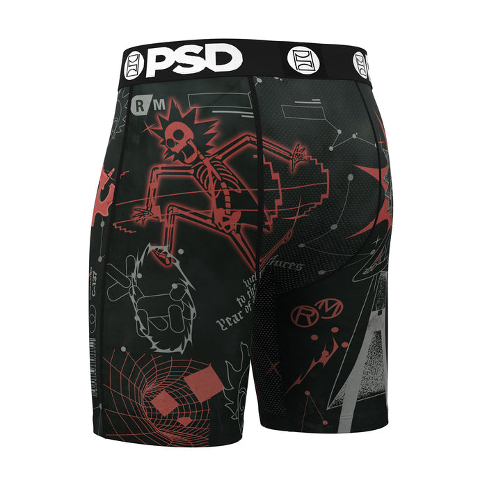 Men's black boxer shorts with red schematic-style art and PSD logo waistband