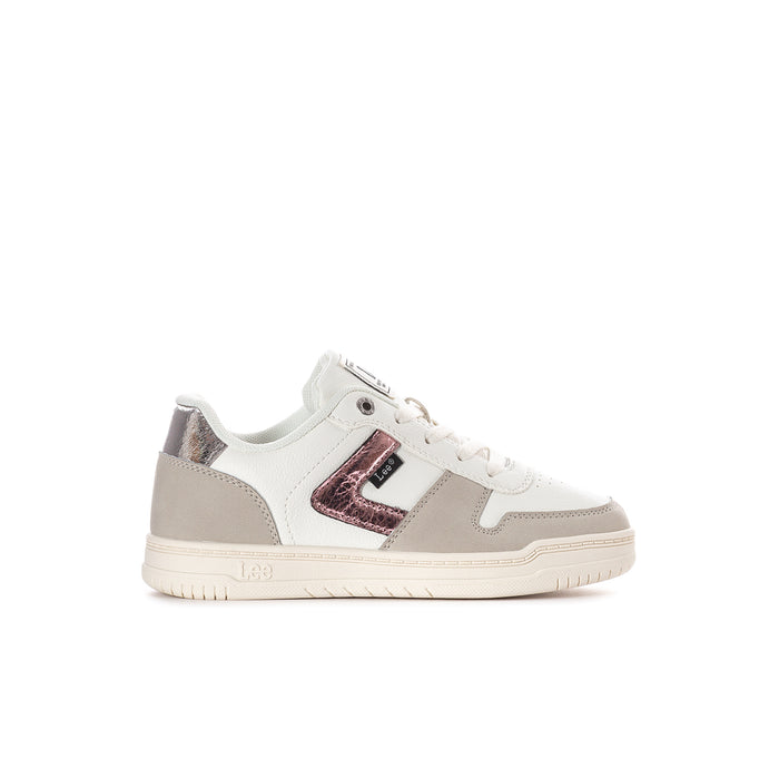 Kids white sneaker with gray panels and rose-silver side logo, lace-up