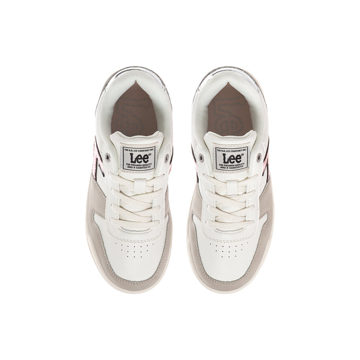 Kids white lace-up sneaker, metallic rose accent and Lee label on tongue