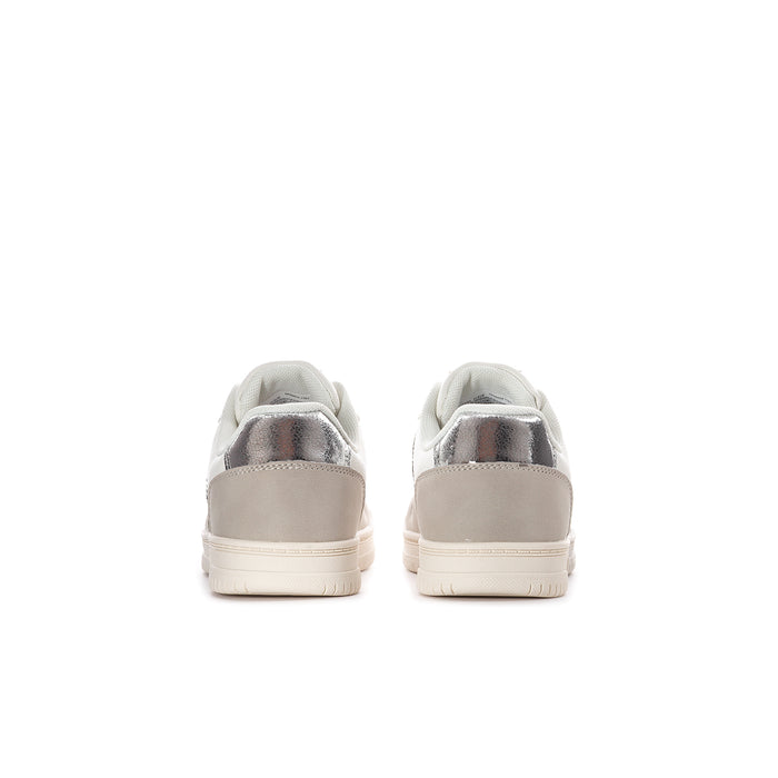 Kids white sneaker with gray heel and lace-up back view, padded collar