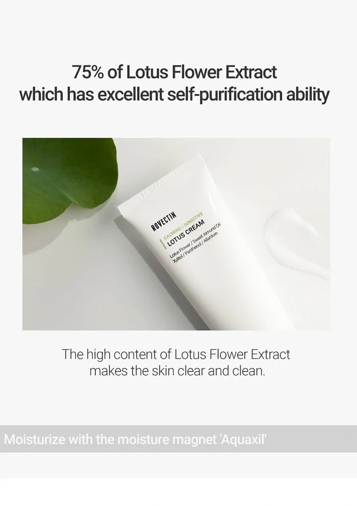 White cream jar with green leaf on a white background, featuring text about Lotus Flower Extract.