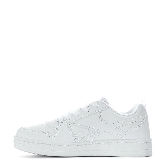 Kids' white low-top sneakers, side view with stitched panels and lace-up