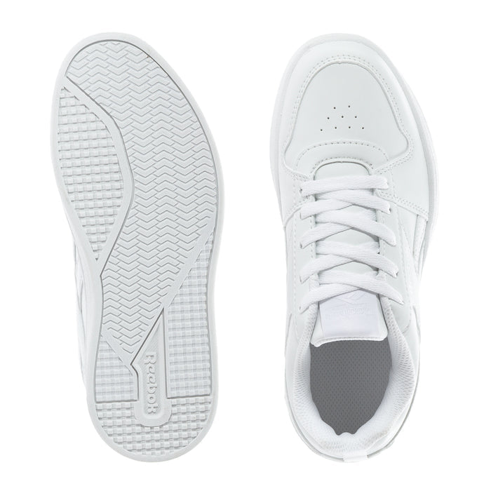 Kids' white sneakers showing outsole and front upper with lace-up