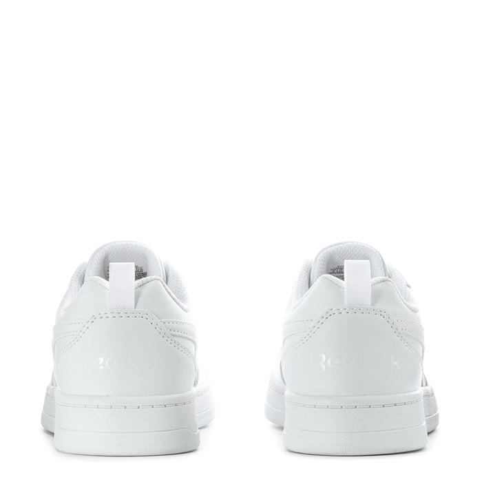 Kids' white sneakers heel view with lace-up and cushioned collar