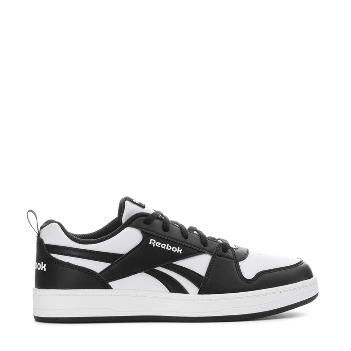 Youth Reebok sneaker in black and white, side view with lace-up and logo