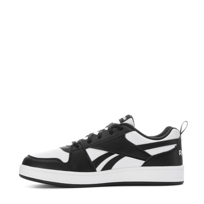 Youth Reebok sneaker, three-quarter view with black upper, white panels, lace-up