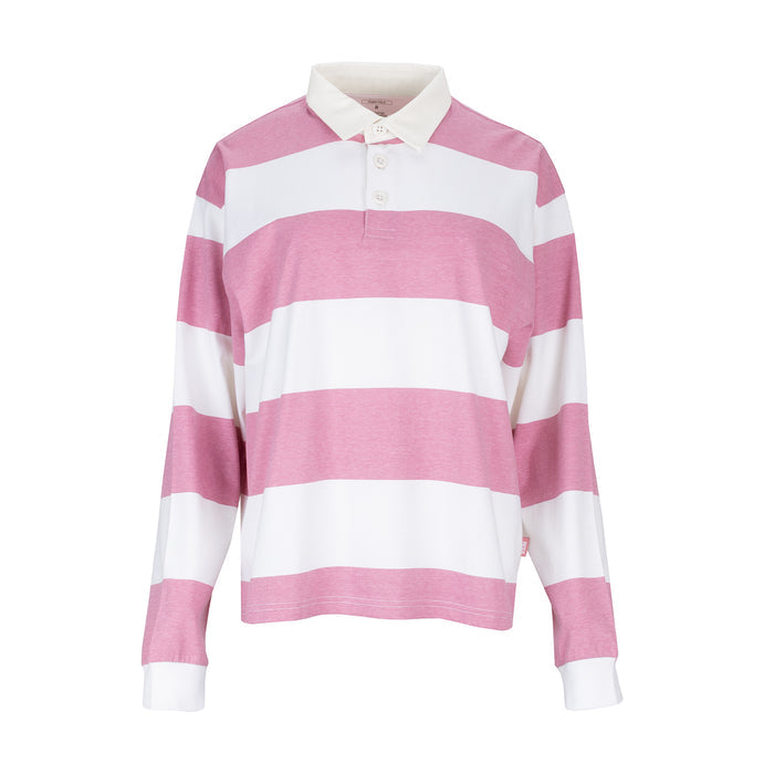 Womens rugby polo shirt with rose pink and white horizontal stripes, button placket
