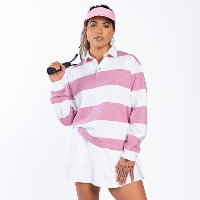 Womens striped rugby polo shirt in rose pink and white with long sleeves and collar