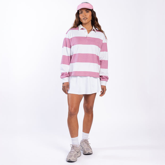 Womens rose pink and white striped rugby polo shirt with long sleeves and collared neckline