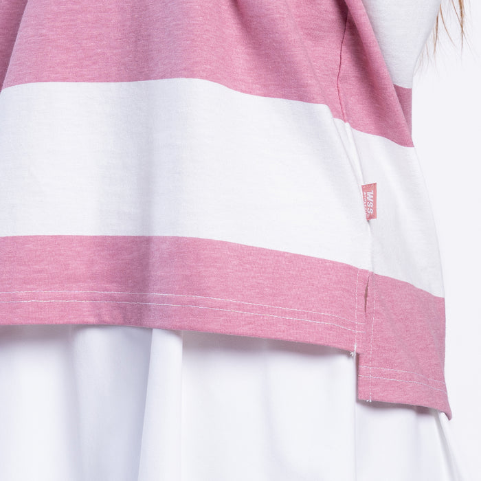 Rugby polo hem detail on rose pink and white horizontal striped womens shirt