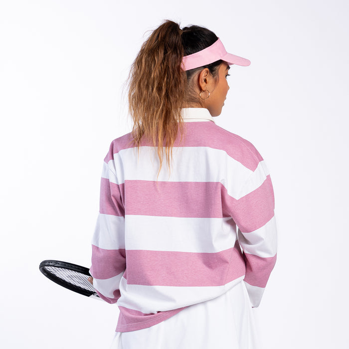Womens rose pink and white striped rugby polo shirt from the back with long sleeves
