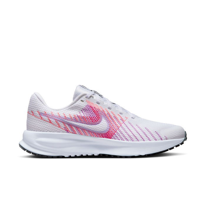 Women’s running shoe in white mesh with pink and purple swoosh, padded collar, lace-up.