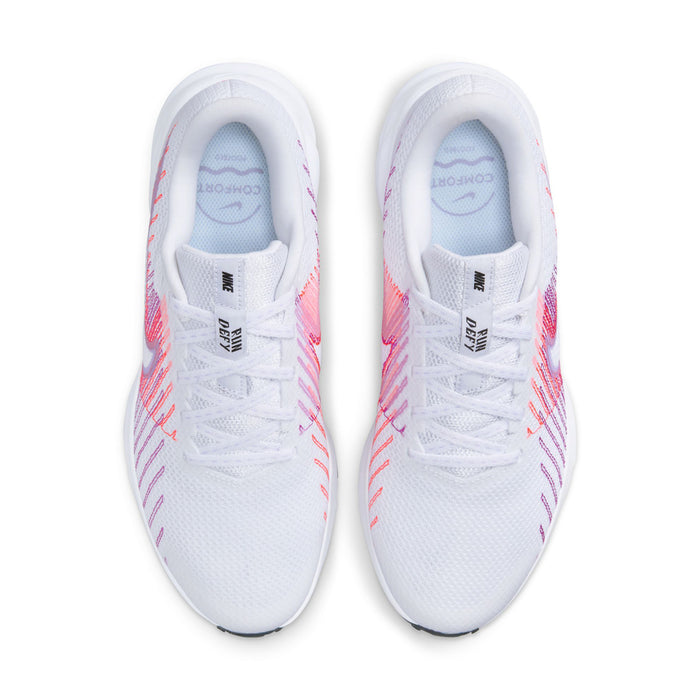 Women’s running shoe pair, top view: white laces and knit upper with pink/purple accents.