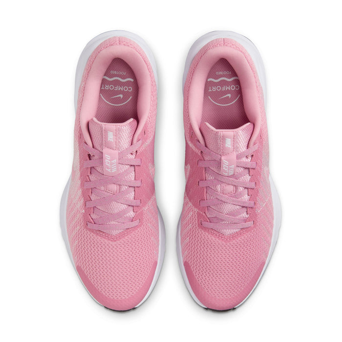 Women’s running shoes pair with pink knit uppers and lace closures, front view