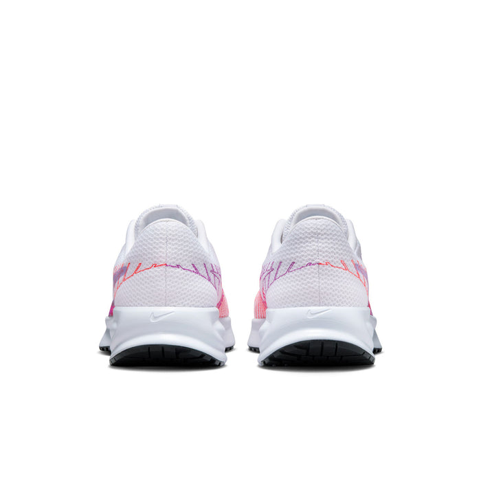 Women’s running shoe back view: white heel with pink line graphics, cushioned collar, grip sole.