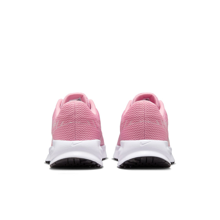 Women’s running shoes heels with pink knit uppers and white midsole, rear view
