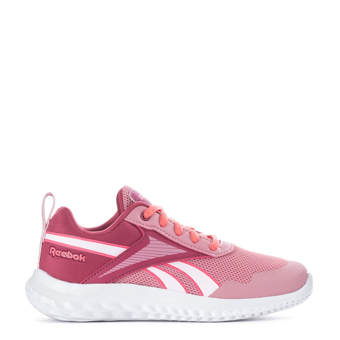 Kids pink mesh running sneakers with white midsole and Reebok logo on side