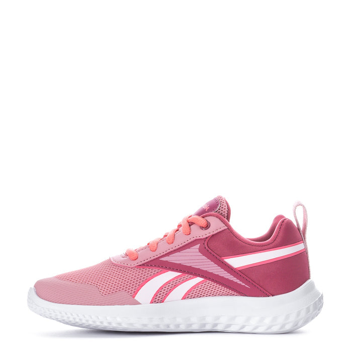 Kids pink running sneakers with white Reebok stripes, lace-up front, mesh upper